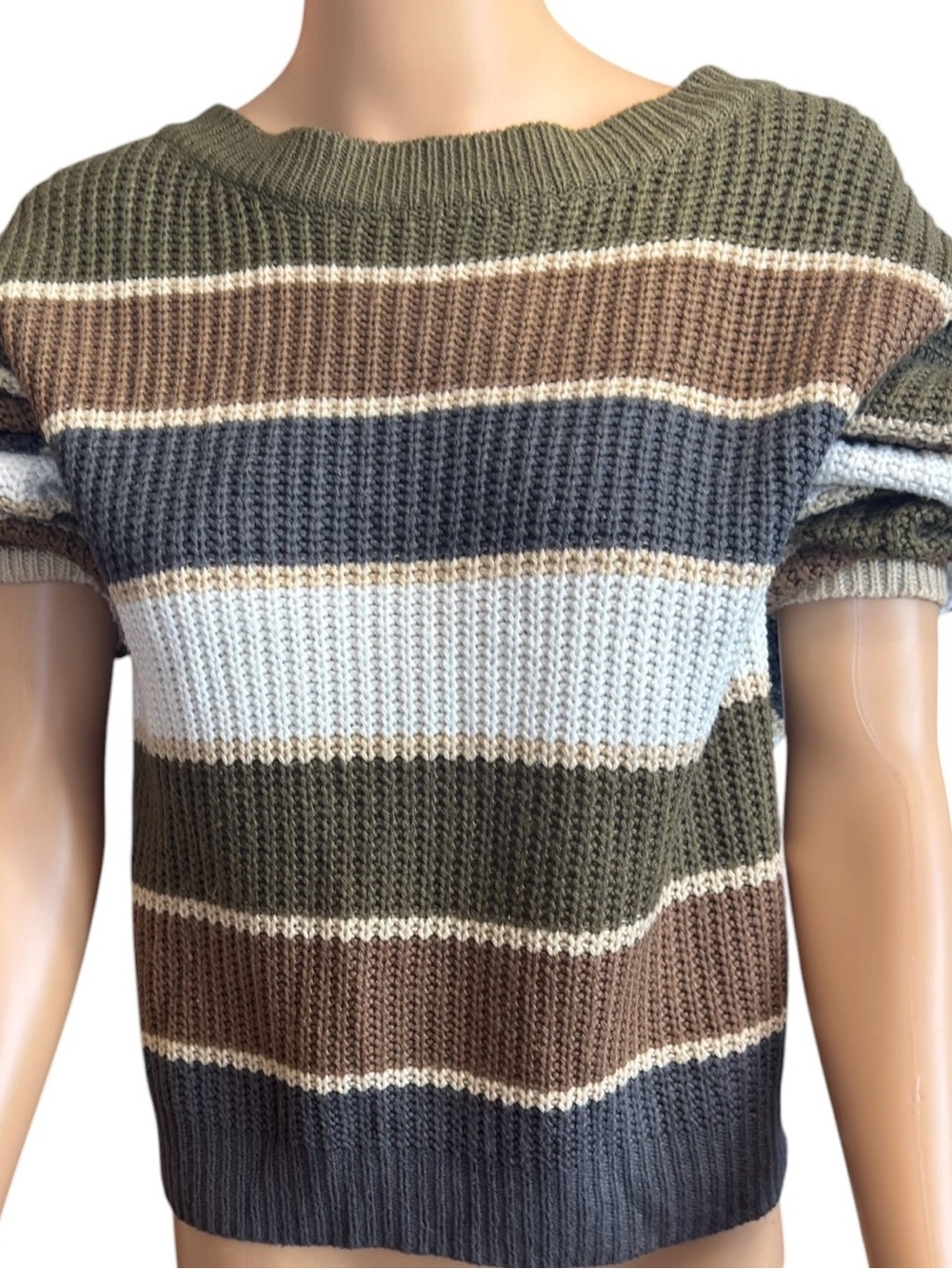 Striped Off-Shoulder Knit Sweater in Olive, Brown & White - Picture 6 of 11